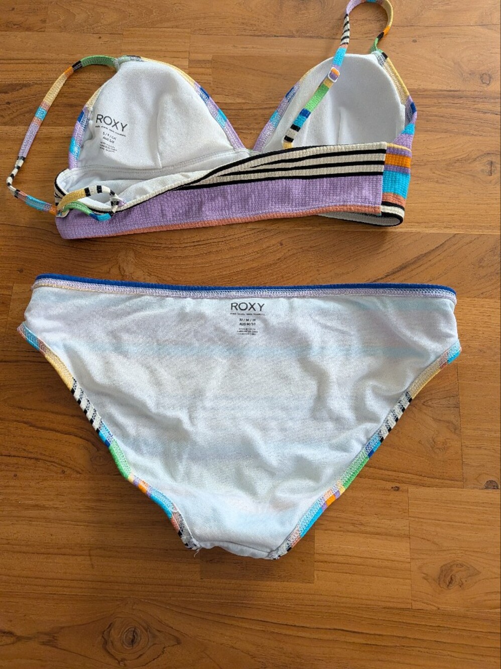 Roxy Color Jam Textured Striped Bikini Fixed Triangle Top S & Hipster Bottom M - Picture 5 of 7